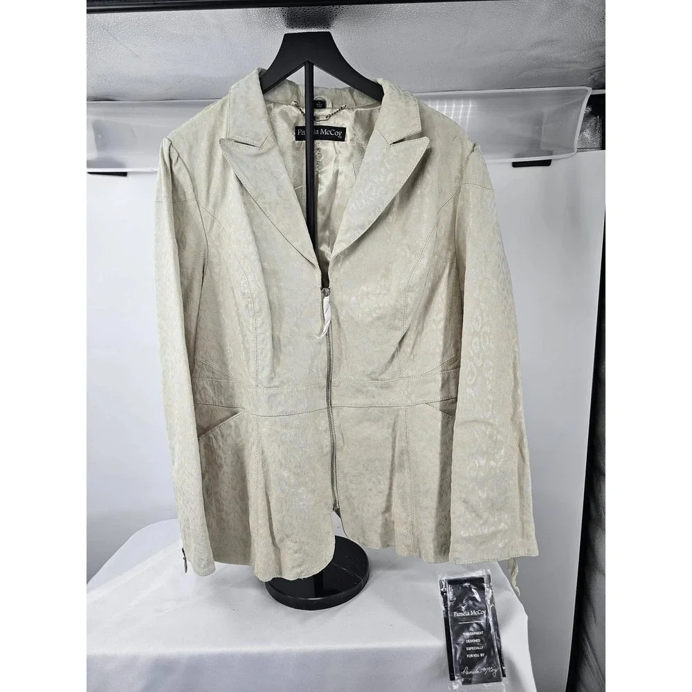 Pamela McCoy Women Cream Genuine Leather Animal Print Zip Blazer Jacket 1X NEW